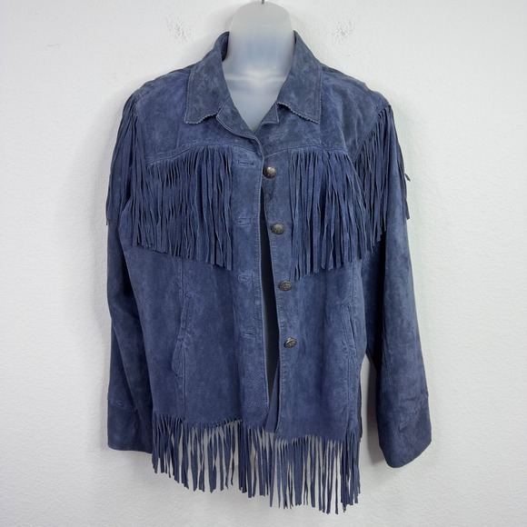 NorthStyle Jacket Womens 1X Blue Leather Fringe Western Boho Cowgirl Rodeo Retro - Picture 1 of 12